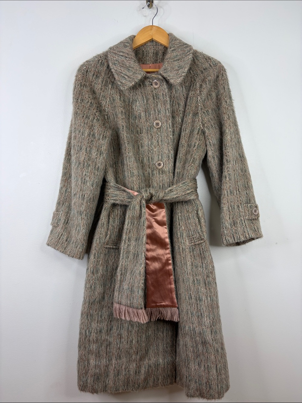 Vintage Overcoat Womens Medium Tan Gray Green Mohair Long Coat Made in Canada